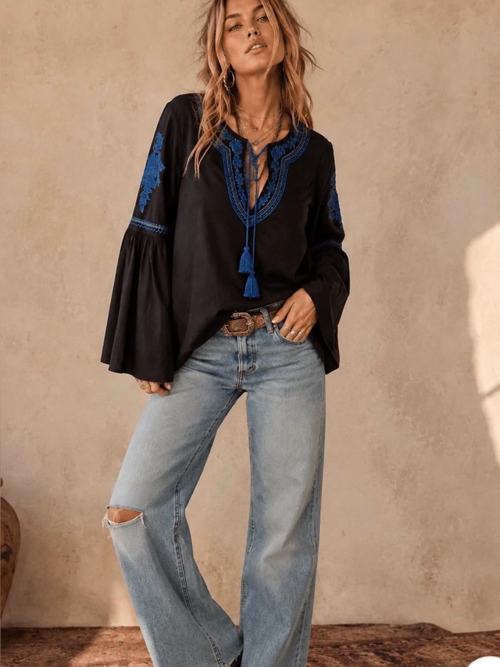 Tunic Top with Blue Detail - Women 100% Cotton NWT S-L